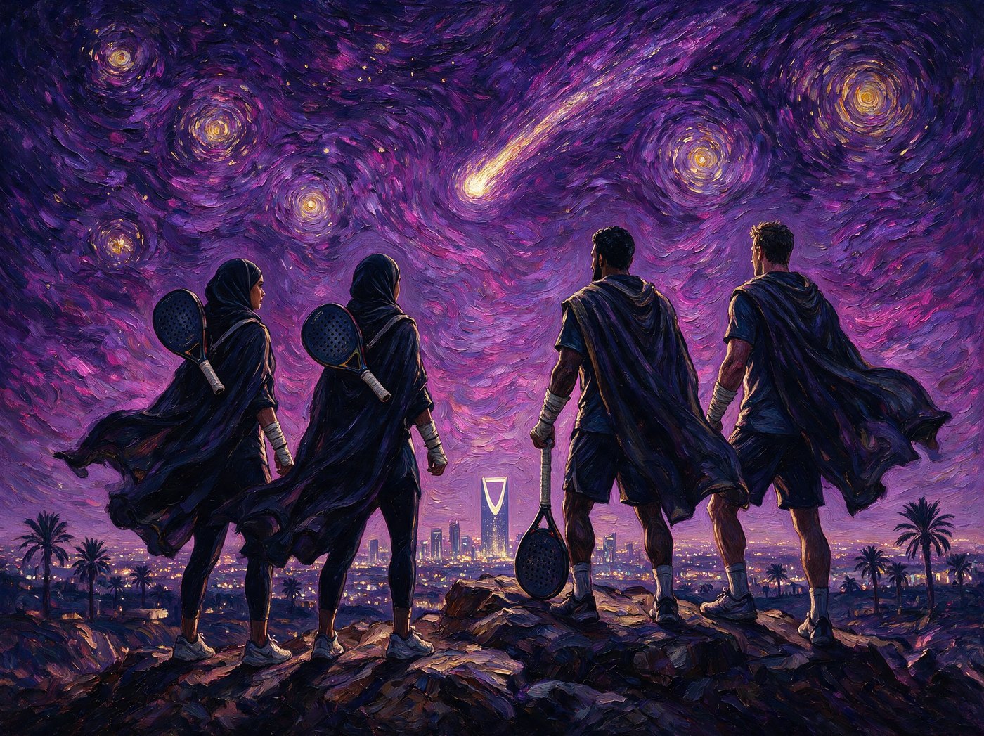 Oil painting of four padel players seen from behind, rackets on their shoulders, looking out over Riyadh under a swirling violet sky with a comet