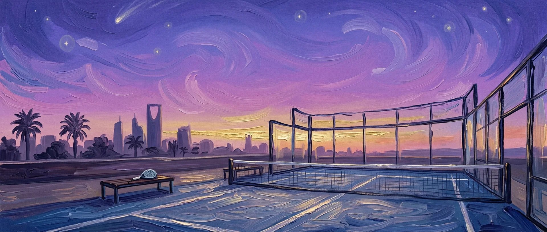 Oil painting of an empty rooftop padel court in Riyadh at dawn, a racket resting on the bench